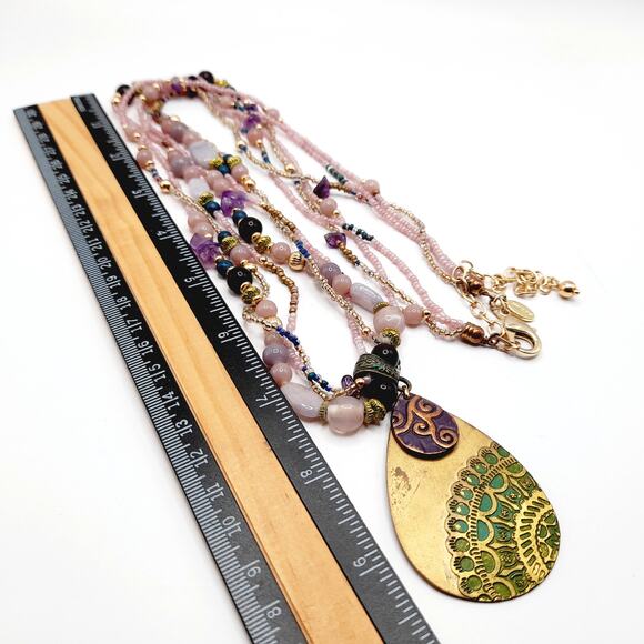 Chico's Bohemian Beaded Pendant Necklace - Amethyst Chips - 36" - 3 Bead Strands - Picture 12 of 12